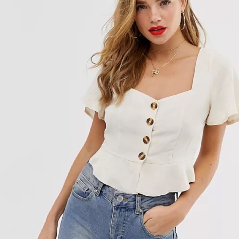 In The Style x Laura Jade Beige Linen Fluted Sleeves Button Front Top, NWT, UK 8